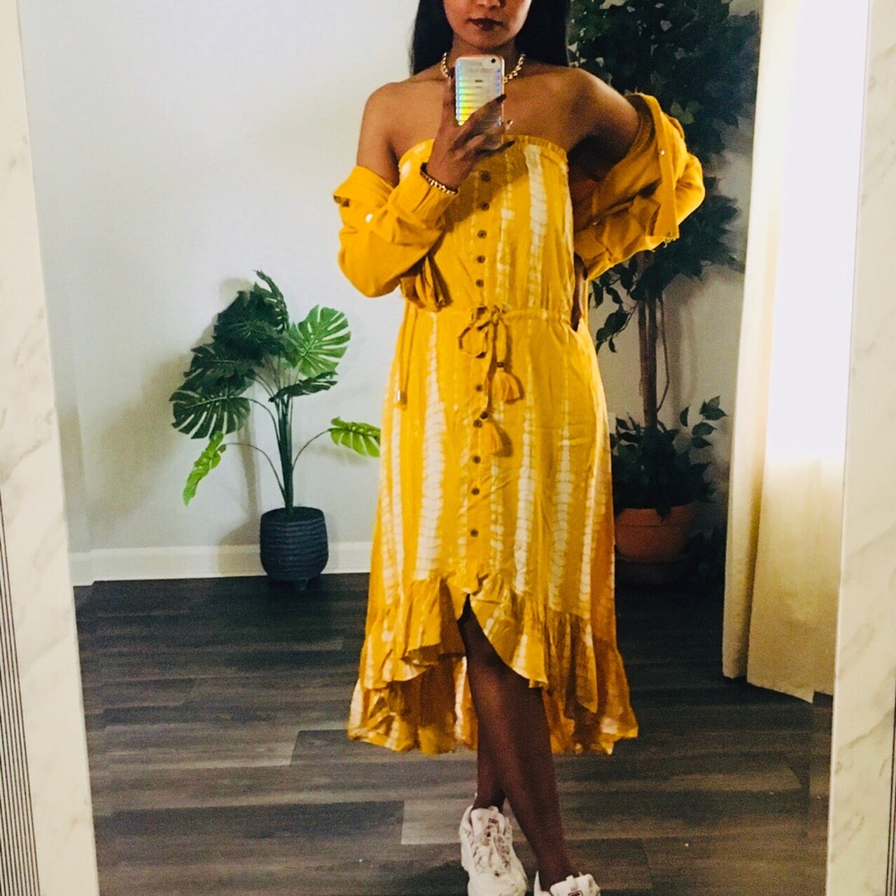New Two way Mustard hi-lo Ruffle Dress small